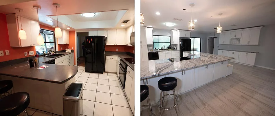 Open floor kitchen remodel before and after in Brandon, Florida.