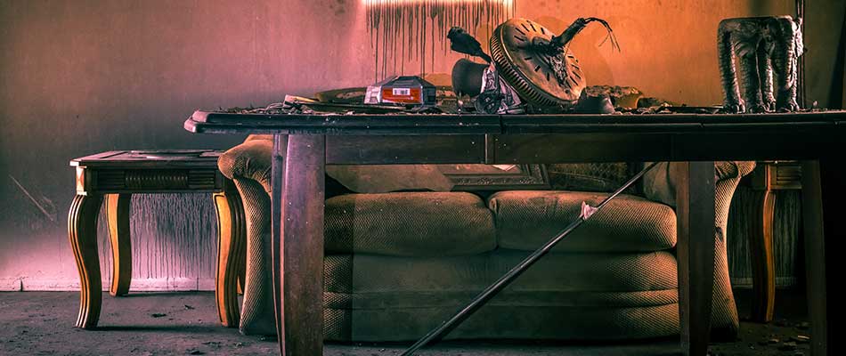 Fire-damaged furniture in a home near Lakeland, FL.