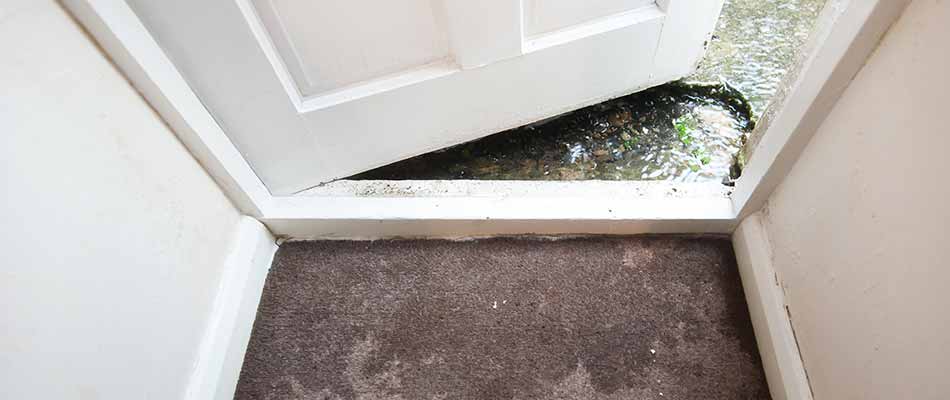 Home entryway with water damage to carpets and door frame in Plant City, FL.