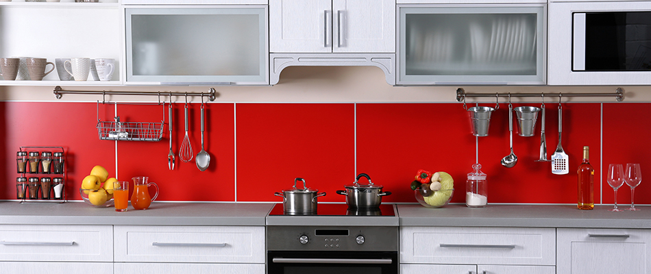 Bright red backsplash installed on a modern kitchen in Bartow, FL