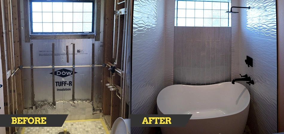 Before and after bathroom remodel with a custom tub in Plant City, FL.