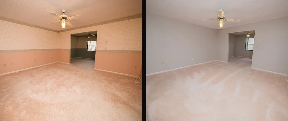Before and after photos of newly painted walls for a condo remodeling job in Lakeland, FL.