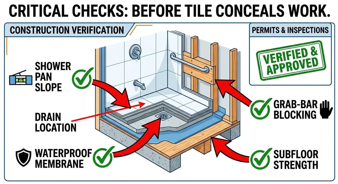 Cutaway of a shower before tile, marking pan slope, drain location, the waterproof membrane, grab-bar blocking, subfloor strength, and permit verification