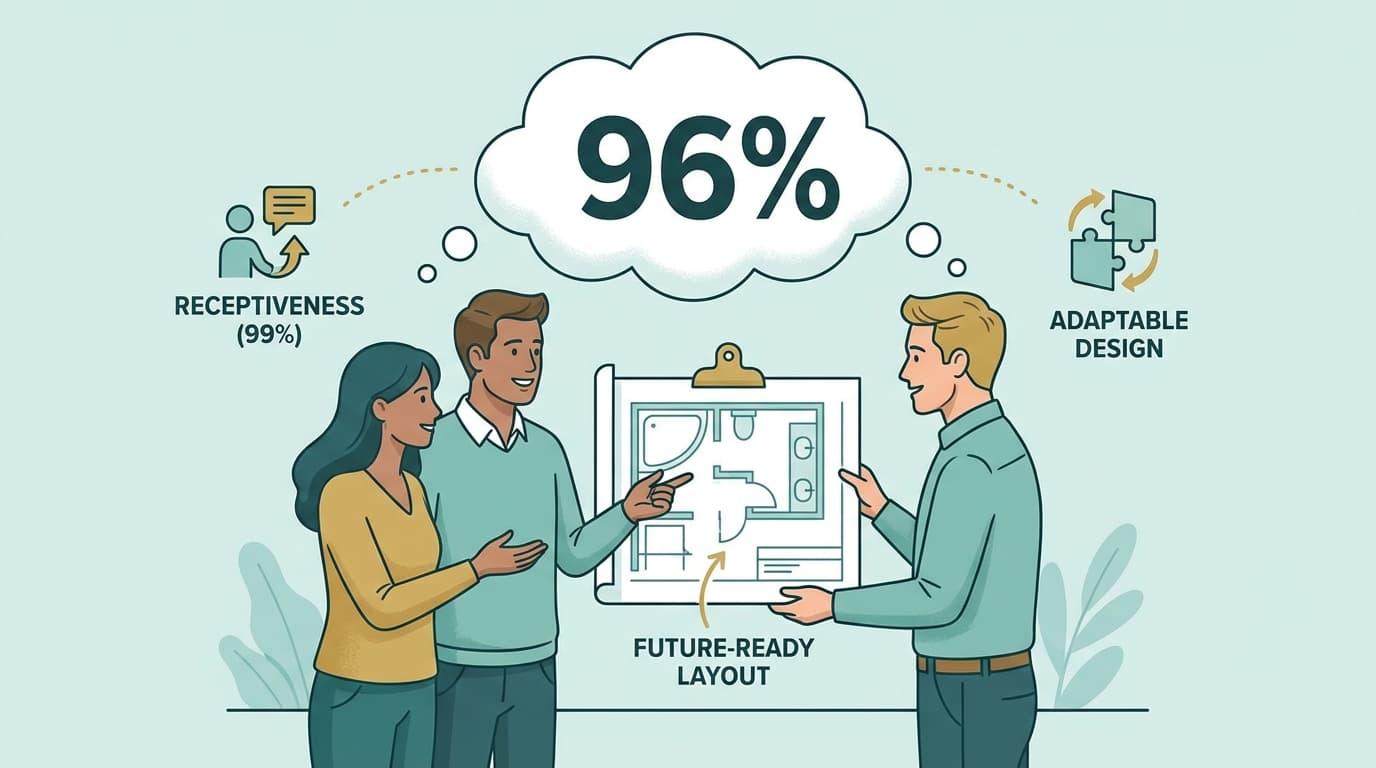 Illustration of a contractor reviewing a future-ready bathroom layout with homeowners, marked 96 percent, with a 99 percent receptiveness label