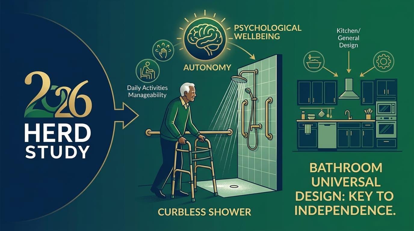 Illustration for a 2026 HERD study connecting a curbless shower and grab bars with autonomy, shown apart from kitchen design