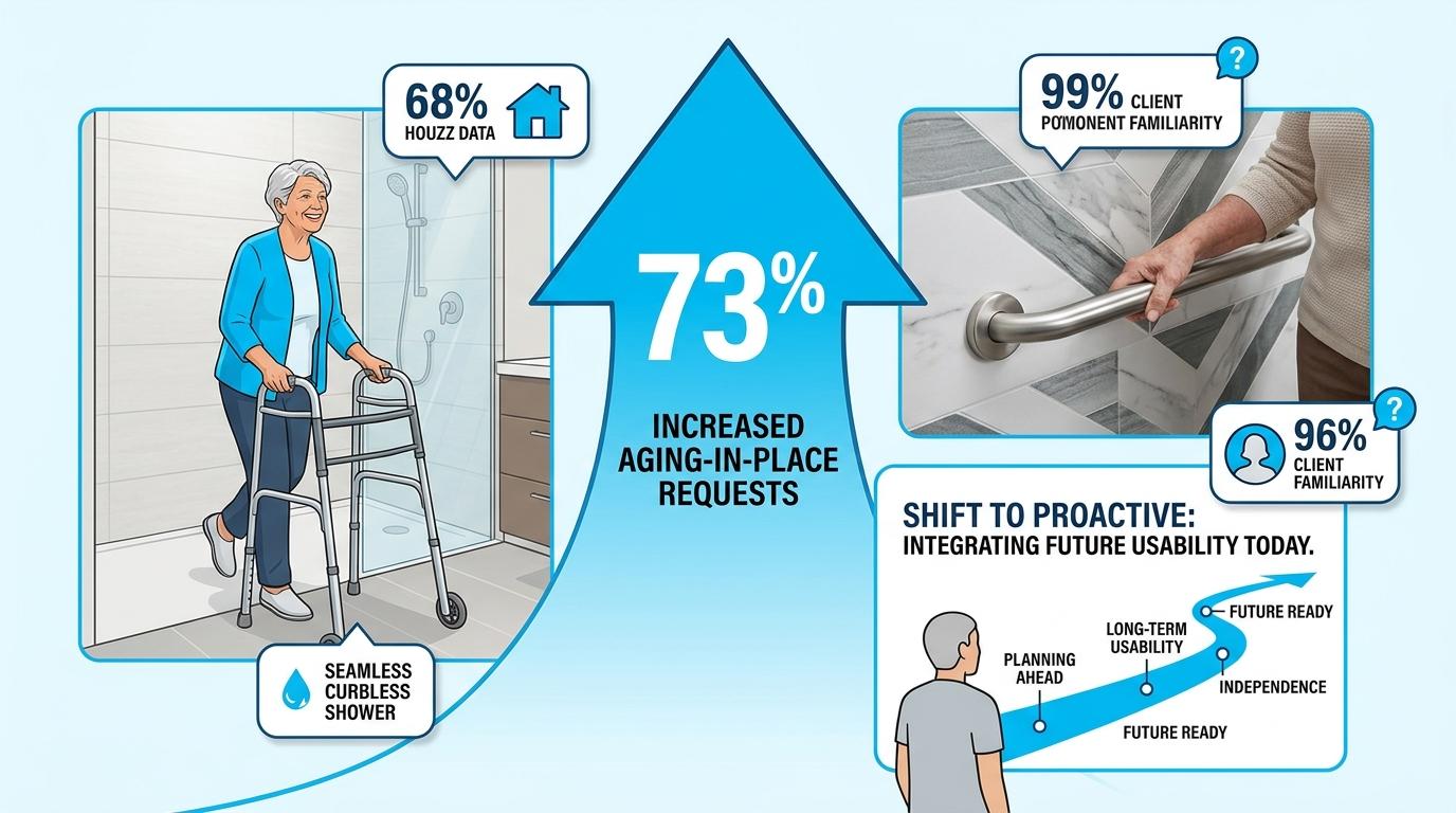 Infographic of a 73 percent rise in aging-in-place requests, labeled with Houzz 68 percent, 96 percent client familiarity, and a separate 99 percent familiarity callout