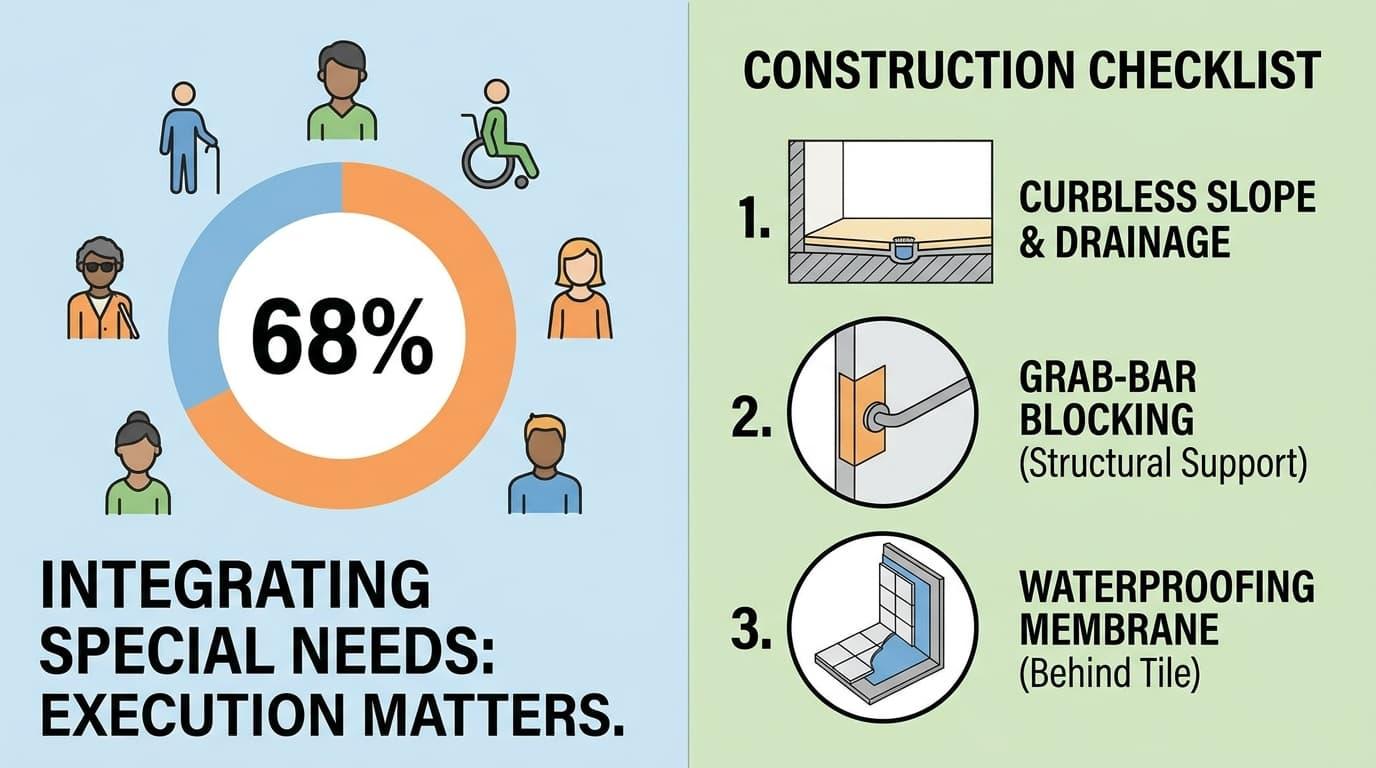 Infographic showing 68 percent of bathroom projects considering special needs, with a checklist for curbless slope and drainage, grab-bar blocking, and a waterproofing membrane