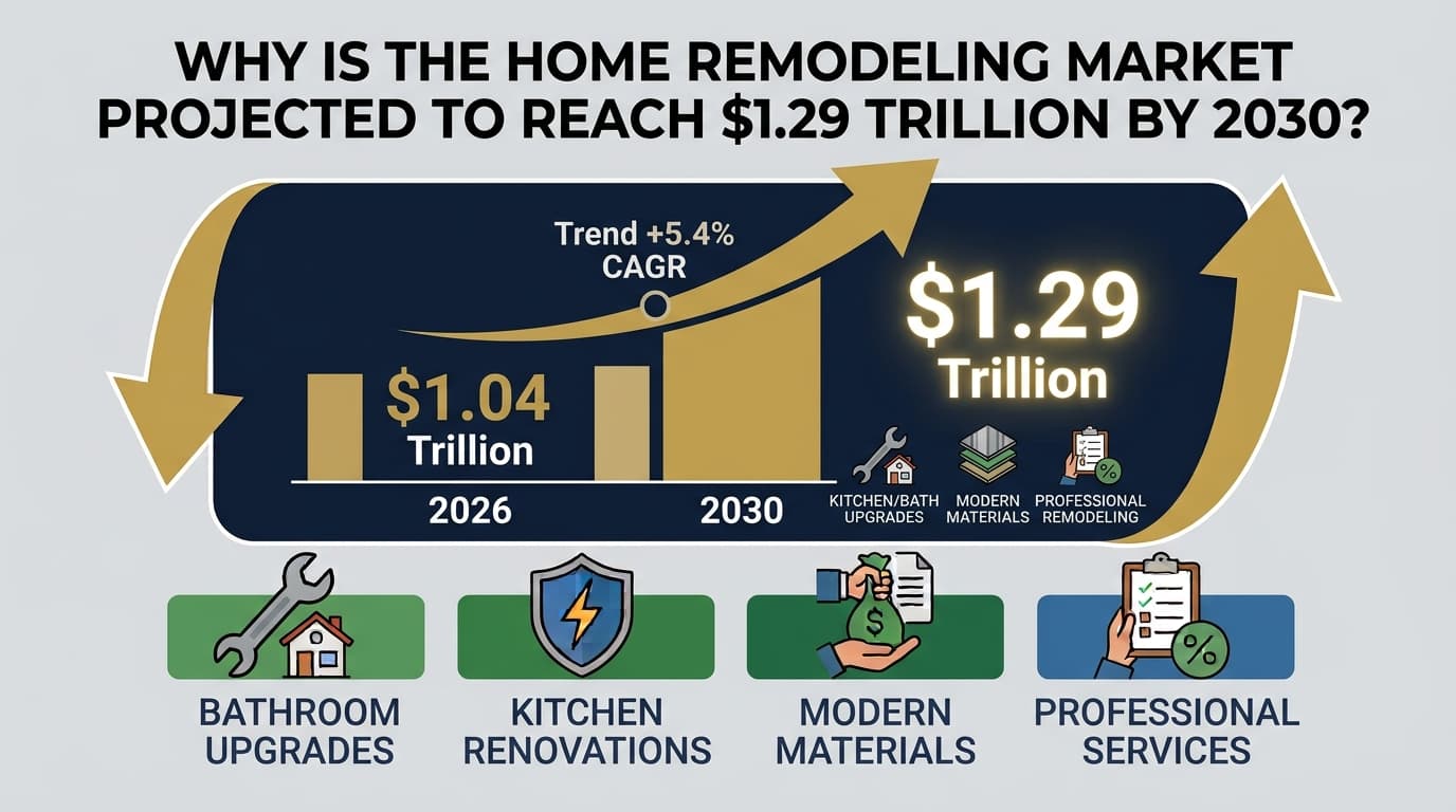 Remodeling work underway inside a house, shown with the global home remodeling market forecast through 2030
