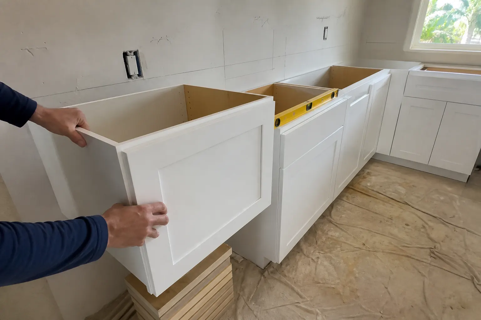 Leveling a white shaker base cabinet during kitchen cabinet installation in Lakeland FL
