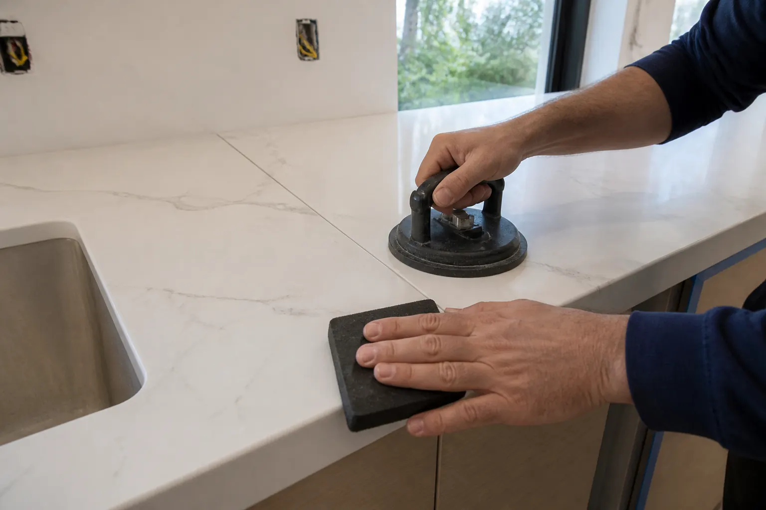 Setting a quartz countertop seam during kitchen countertop installation in Lakeland FL
